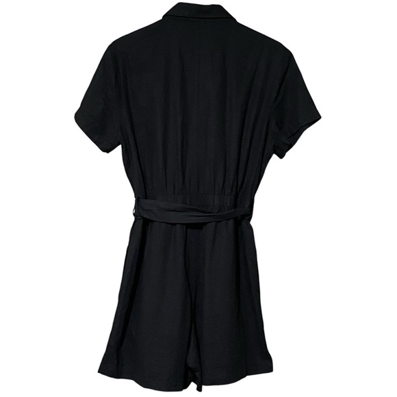 Matty M Linen Blend Button Front Romper L Black Belted Multi Pocket NWT - Picture 2 of 7